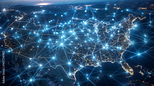 A map of the United States with interconnected dots and lines representing global network connections, showcasing an advanced fiber optic system connecting various cities across America