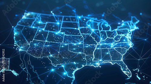 United States Map with Interconnected Nodes Illustrating a Nationwide Fiber Optic Network