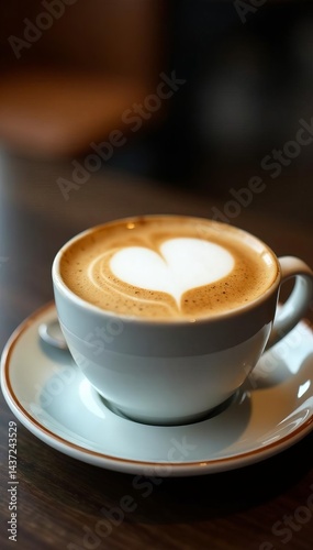 Close up of delicious cappuccino with frothy milk in ceramic cup on table, hot beverage, foam, top view