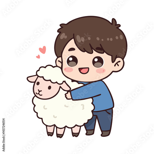 Cartoon muslim boy hugging sheep celebrating Eid al Adha