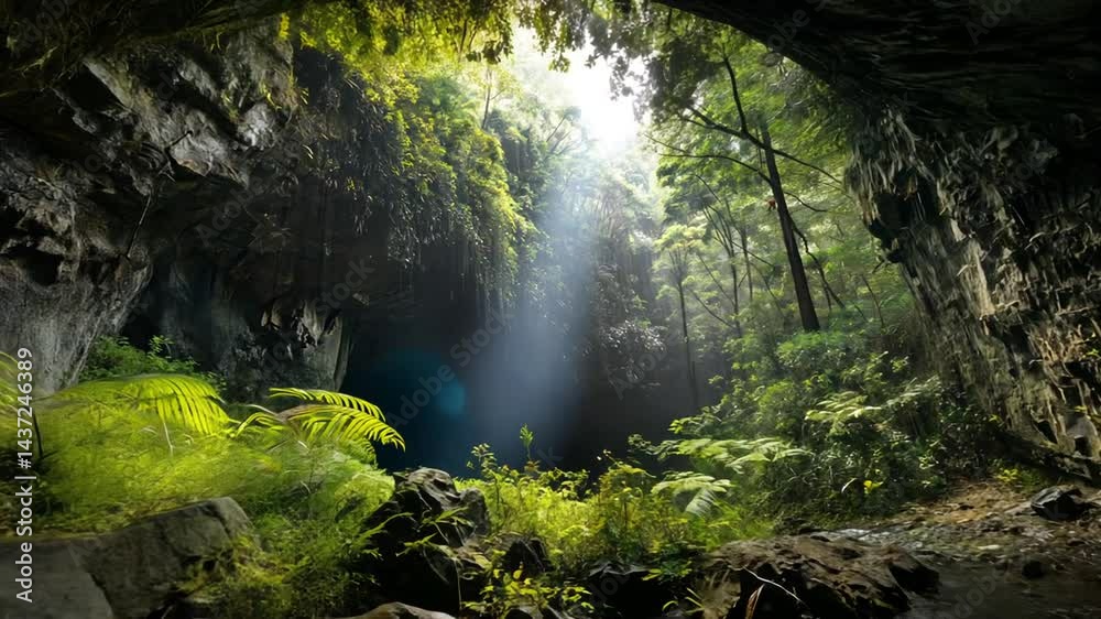 Sunlight streams into a lush cave.  A breathtaking view of nature's hidden depths