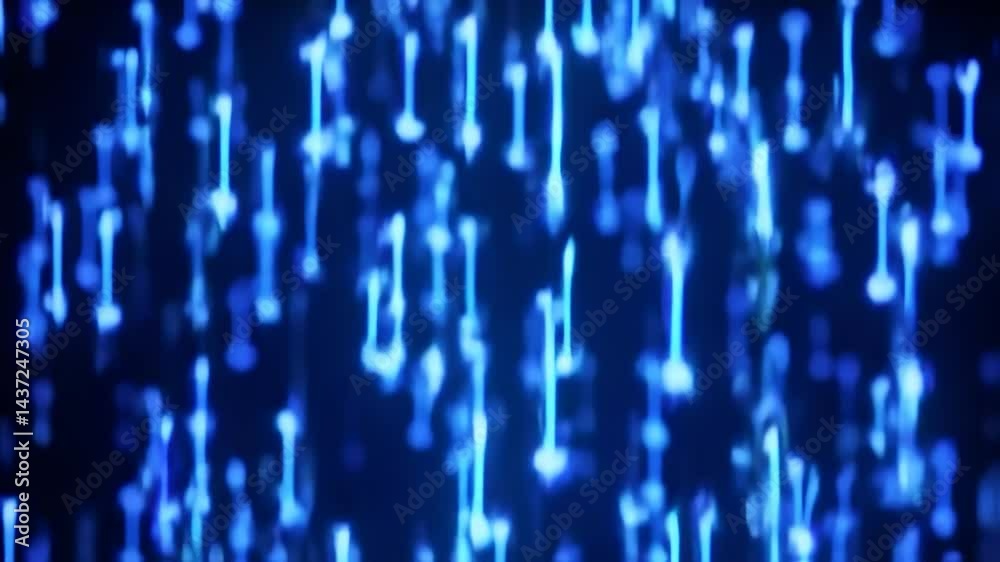 Strings fall from top to bottom in data matrix created in cyberspace with blue glow