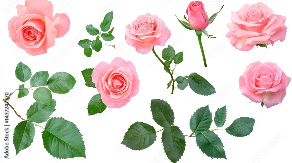 Fototapeta premium Set of Beautiful Pink Roses with Lush Green Leaves, Cut Out for Creative Design Use