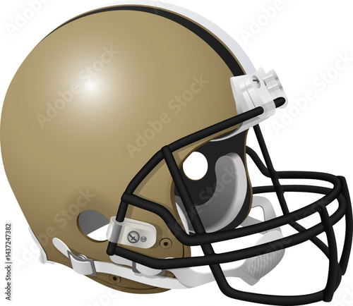 Realistic golden helmet of the New Orleans Saints American football team with a black mask and chin strap