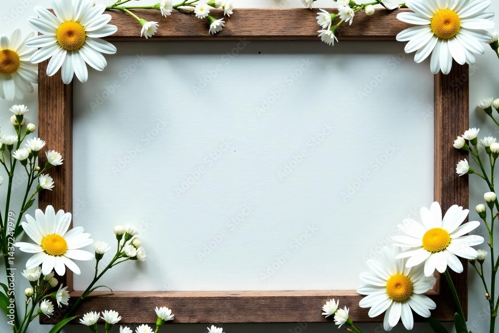 Obraz premium Rustic wooden frame covered in delicate white daisies and baby's breath, white, border, frame