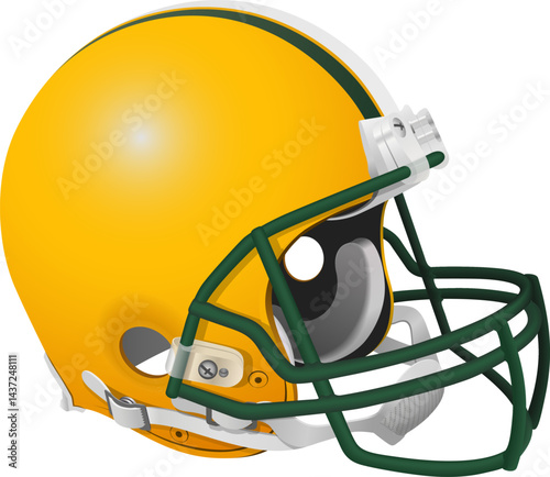 Realistic yellow helmet of the Green Bay Packers American football team with a green mask and chin strap