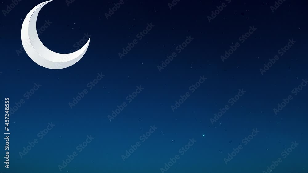 A crescent moon in a dark blue sky with scattered stars creating a serene night time scene A crescent moon in a dark blue sky with scattered stars creating a serene night time scene