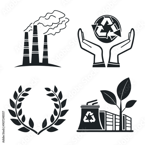 This vector icon set showcases a collection of black silhouette ecology symbols, including a globe, tree, sun, earth, house, hand, energy, recycling, and car, representing nature and environmental des