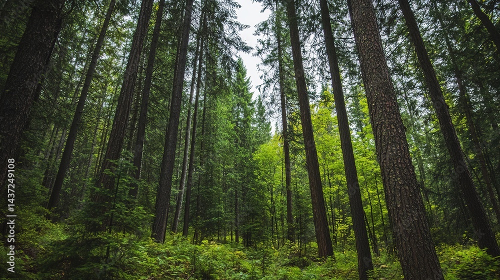 Towering Evergreens and the Scent of Pine Needles in a Serene Backdrop. Majestic Forest Scene with Rich Green Foliage and Calm Atmosphere. Towering Evergreens and the Scent of Pine Needles in a Serene Backdrop. Majestic Forest Scene with Rich Green Foliage and Calm Atmosphere.