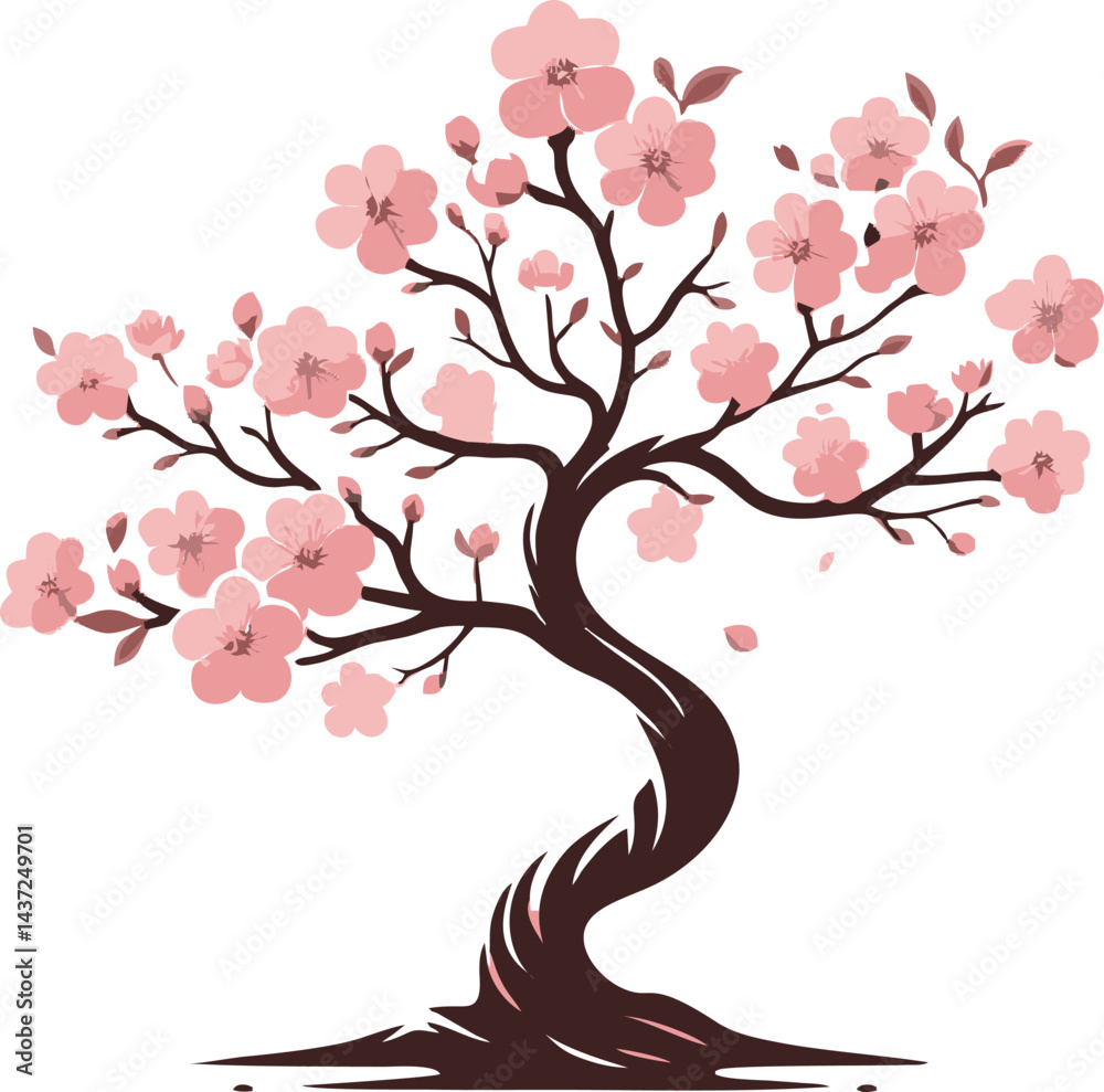 Obraz premium Elegant Pink Blossom Bonsai Tree, Watercolor Style Illustration