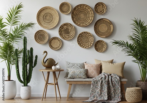 Fototapeta Naklejka Na Ścianę i Meble -  Interior design with woven baskets on wall, plants, swan sculpture and bench with pillows and throw