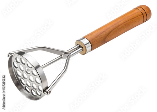 Stainless steel potato ricer masher wooden handle isolated on a white background png ai
