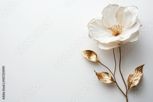 White Artificial Flower with Gold Accents on White Background