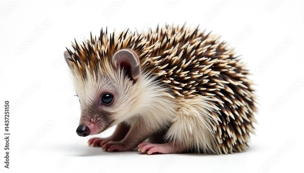 Obraz premium Tiny hedgehog, curled in defense, isolated on pure white background, closeup, animal