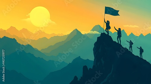 Silhouette figures atop mountain peak celebrating success.