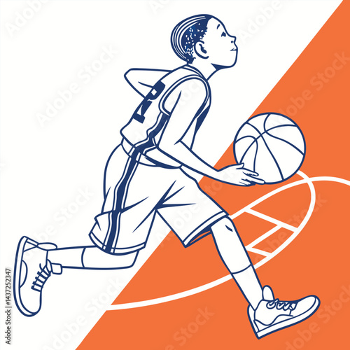 A vector illustration shows a basketball player silhouette with a ball in action, a dynamic sport scene