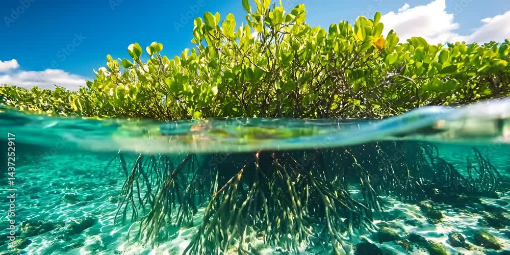 Exploring Mangrove Roots Under Clear Ocean Water Scenery