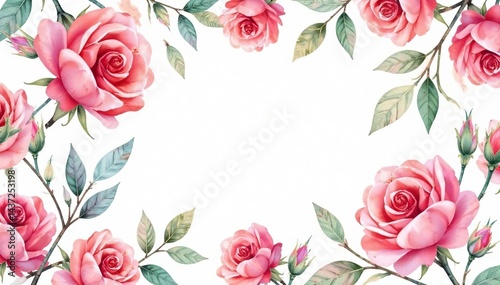 Delicate watercolor roses & leaves, repeating pattern, blossom, leaves, red