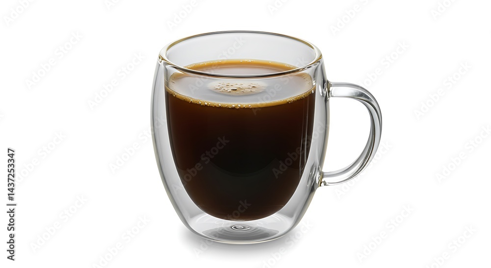 A clear glass mug filled with dark coffee sitting on a white surface in a well lit environment A clear glass mug filled with dark coffee sitting on a white surface in a well lit environment