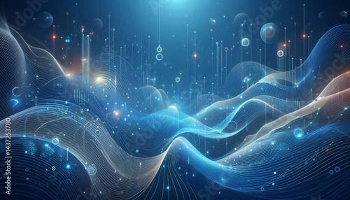 Flowing Abstract Blue Waves with Luminous Particles Background.