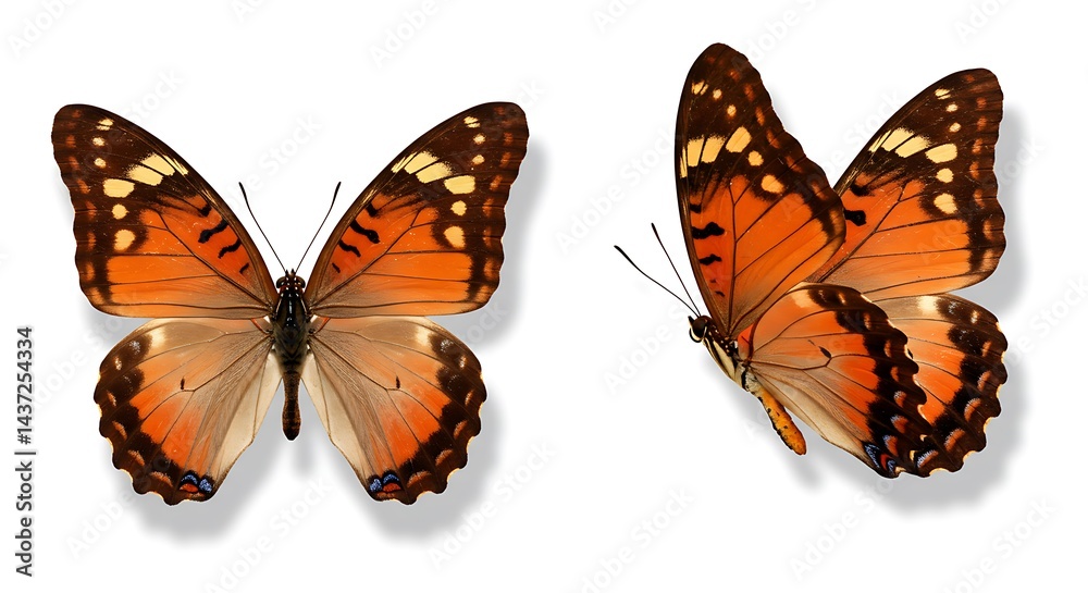 Fototapeta premium Two orange butterflies with brown and yellow markings displayed on a white background isolated shot