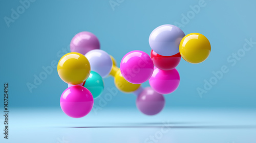 Colorful glossy molecular model with pink, yellow, blue, and orange spheres connected by rods on a light blue background.
