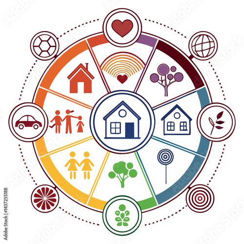 Social network concept illustration with vector icons forming a connected circle, a business symbol of a networked home in a digital city design