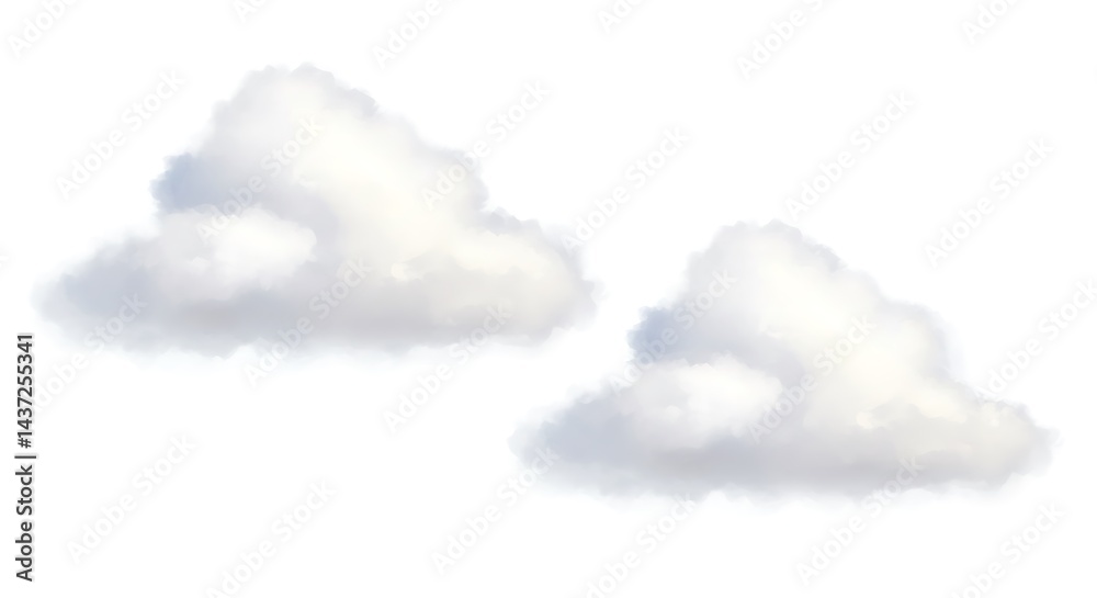 Two fluffy white clouds floating in the sky isolated on a white background in a digital illustration Two fluffy white clouds floating in the sky isolated on a white background in a digital illustration