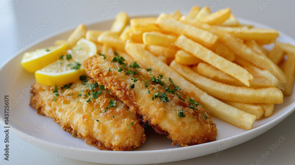 Crispy fried fish fillets served with golden French fries, parsley, lemon, and cherry tomatoes on a white plate.
Crispy fried fish fillets served with golden French fries, parsley, lemon, and cherry tomatoes on a white plate.