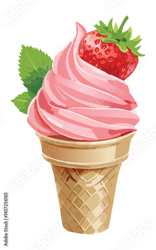 ice cream cone with strawberry - vector illustration