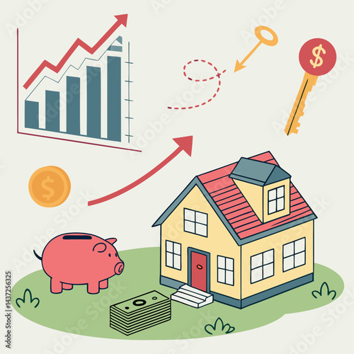 Real estate market concept shows house and money with property sale illustration