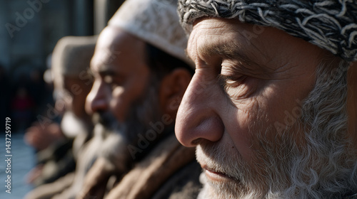 Elderly Kashmiri Men Pherans and Woolen Caps Praying at Historic Mosque Courtyard in Pehalgam at Dawn.