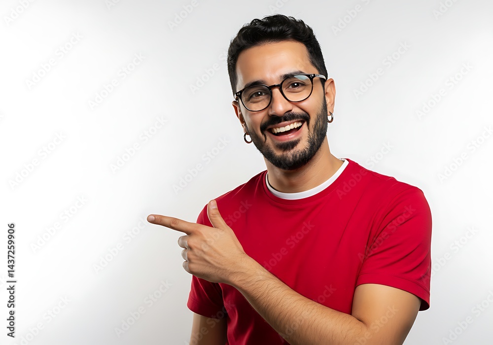 Man in red shirt and glasses smiling and pointing to the left on a plain white background studio shot Man in red shirt and glasses smiling and pointing to the left on a plain white background studio shot