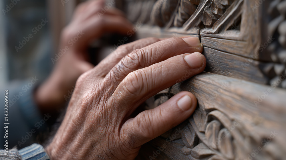 Obraz premium Symbolic Close-Up of Aged Hands on Faded Floral Carvings of Historic Kashmiri Gate