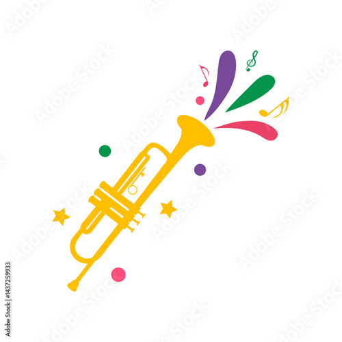 Colorful Yellow Trumpet with Red Pink Green Purple Musical Notes and Stars for Festive Celebration and Music Events