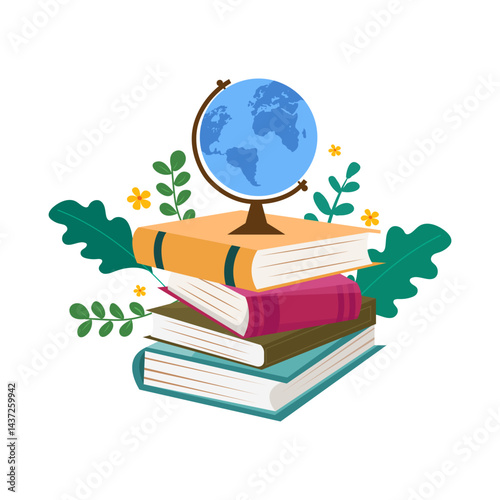 Colorful Stack of Books with Blue Globe for Learning and Education