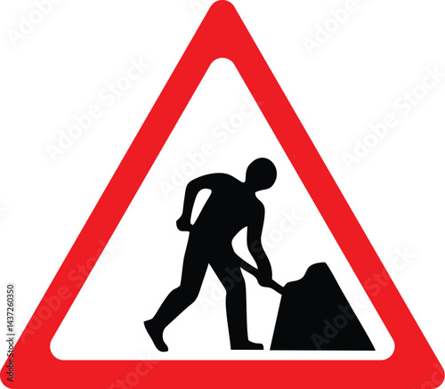 road work ahead traffic warning sign, construction zone caution, red triangle roadwork symbol