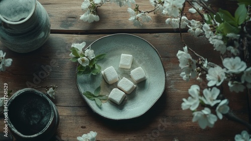 Japanese Sweets Styled with Spring Florals on Rustic Wooden Table