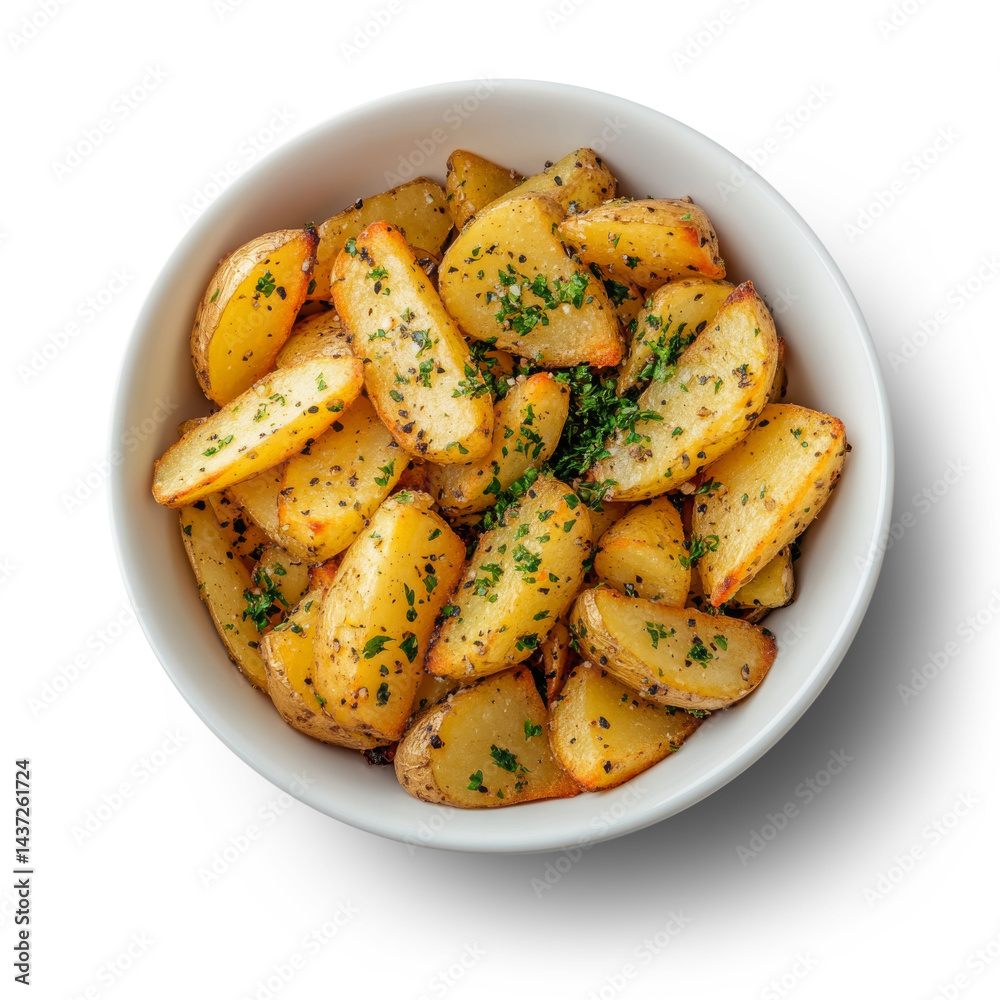 Crispy roasted potatoes garnished with fresh herbs create delicious and inviting dish perfect for any meal. golden brown color and appealing texture make it delightful side on a transparent background Crispy roasted potatoes garnished with fresh herbs create delicious and inviting dish perfect for any meal. golden brown color and appealing texture make it delightful side on a transparent background