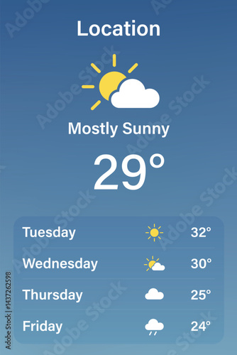 Weather App Interface Showing Forecast, Temperature, and Icons