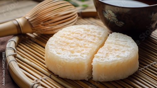 Sweet Rice Cake on Bamboo Mat with Whisk and Bowl of Tea
