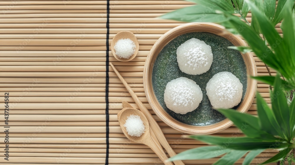 Traditional Japanese Mochi Dessert Styled on Wooden Background