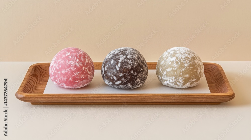 Trio of Colorful Mochi on Neutral Tray for Culinary Display