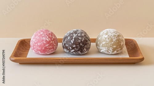 Obraz na płótnie Trio of Colorful Mochi on Neutral Tray for Culinary Display w salonie