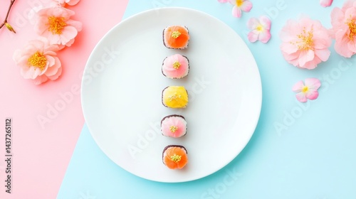 Vibrant Colored Wagashi on Minimalist Plate with Floral Accents