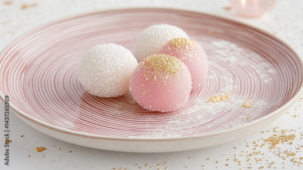 White and Pink Mochi Treats with Gold Flakes on Elegant Plate