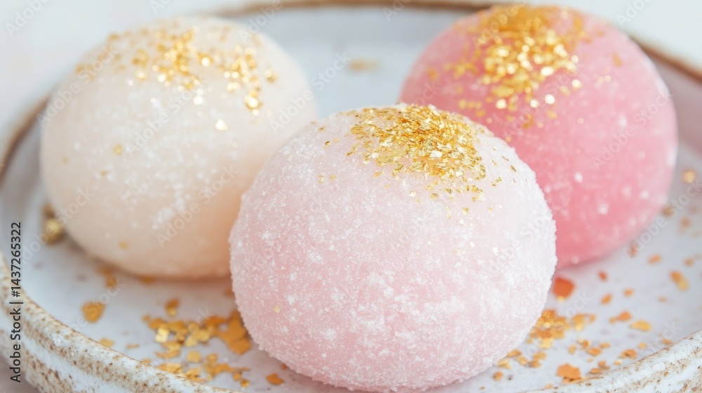 Delicate Pink and White Mochi with Gold Flakes on Elegant Plate