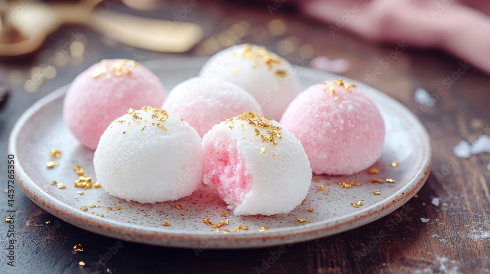 Delicate Mochi Treats with Gold Flakes on Rustic Plate