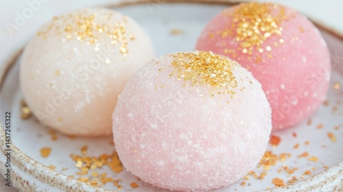 Obraz na płótnie Delicate Pink and White Mochi with Gold Flakes on Elegant Plate w salonie