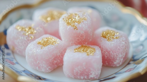 Delightful Pink Mochi with Gold Flakes on Elegant Plate